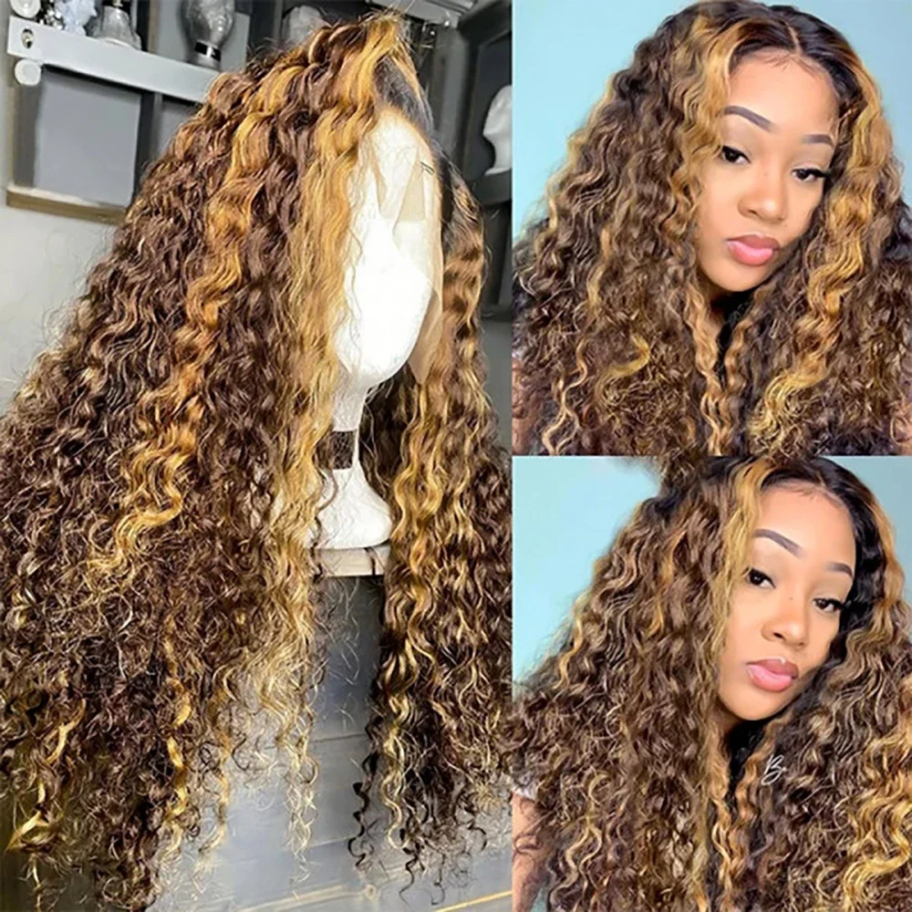 Parrucca frontale in pizzo con onde d'acqua biondo miele, capelli umani, 30 pollici, onda profonda sciolta frontale_voghion.com
