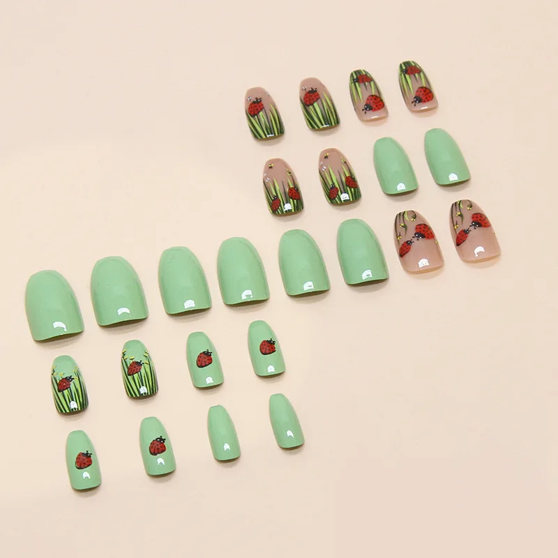 Ms.Miemie 24-Piece Ladybug and Cartoon Grass Nail Patch Solid Color Detachable ABS French Fake Nails for Finger Application