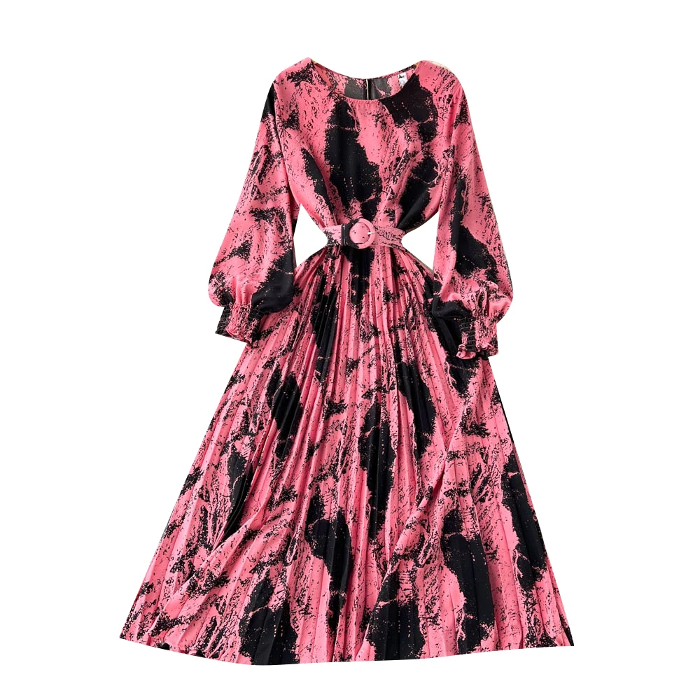 long sleeve o-neck print pleated dress| Alibaba.com