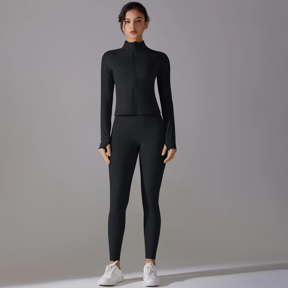 Stand Collar Zipper Long Sleeve Solid Breathable Yoga Wear High Waist Hip Lift Tight Pan preview