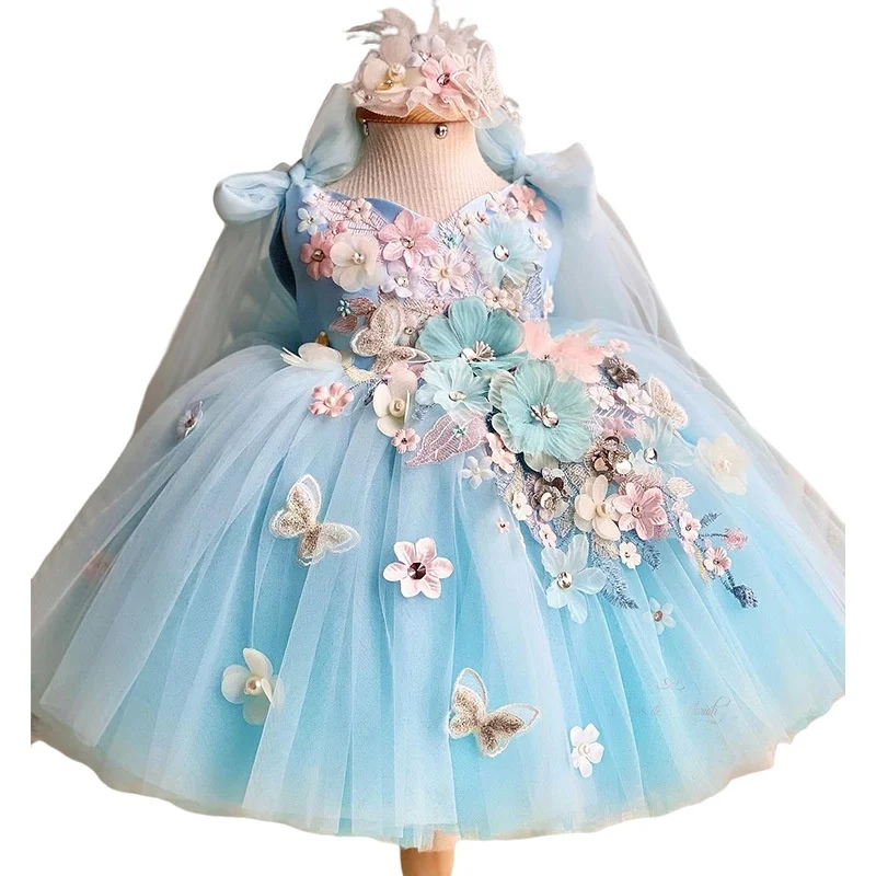 First Birthday Lolita Princess Dress for Girls Children's Sweet Satin Dress  Heavy Craft Blue Flower Lace Bow Toddler Puff Skirt