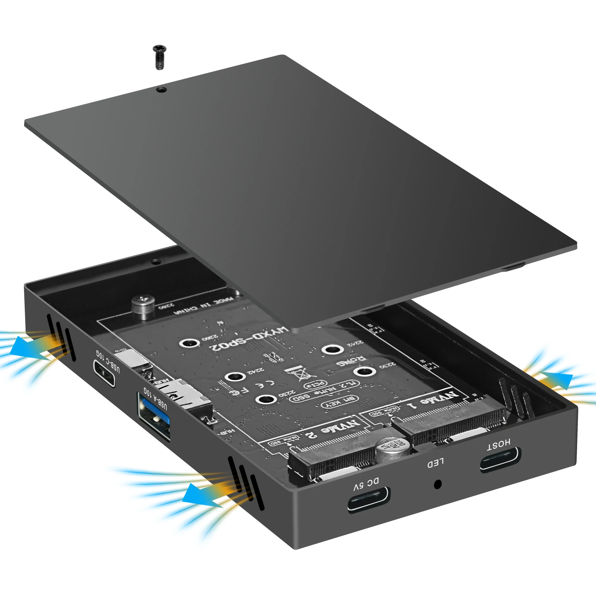 Aluminum 10gbps Type C Hub Dual Bay NVME SSD Enclosure