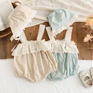 Summer Infant Lace Plaid Halter One-piece Pajamas Female Baby Hollowed Out Ruffled Princess Undershirt Outwear
