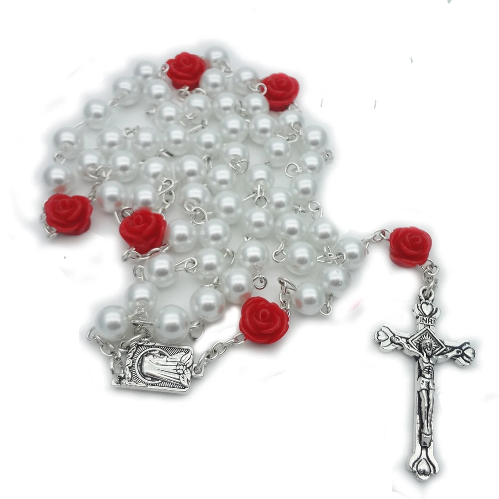 Wholesale Bulk Custom Holy Catholic Necklace Beads Religious Silver  Christian First Communion Cross Rose Pearl Rosary Prayer