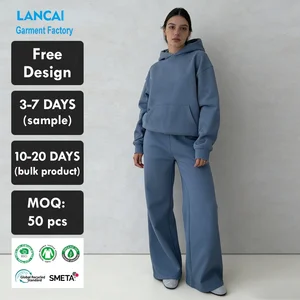 Women's Custom High Quality Eco-Friendly Cotton Fleece  Blank Oversized Fit Drop Shoulder Hoodies Sweatpants Set