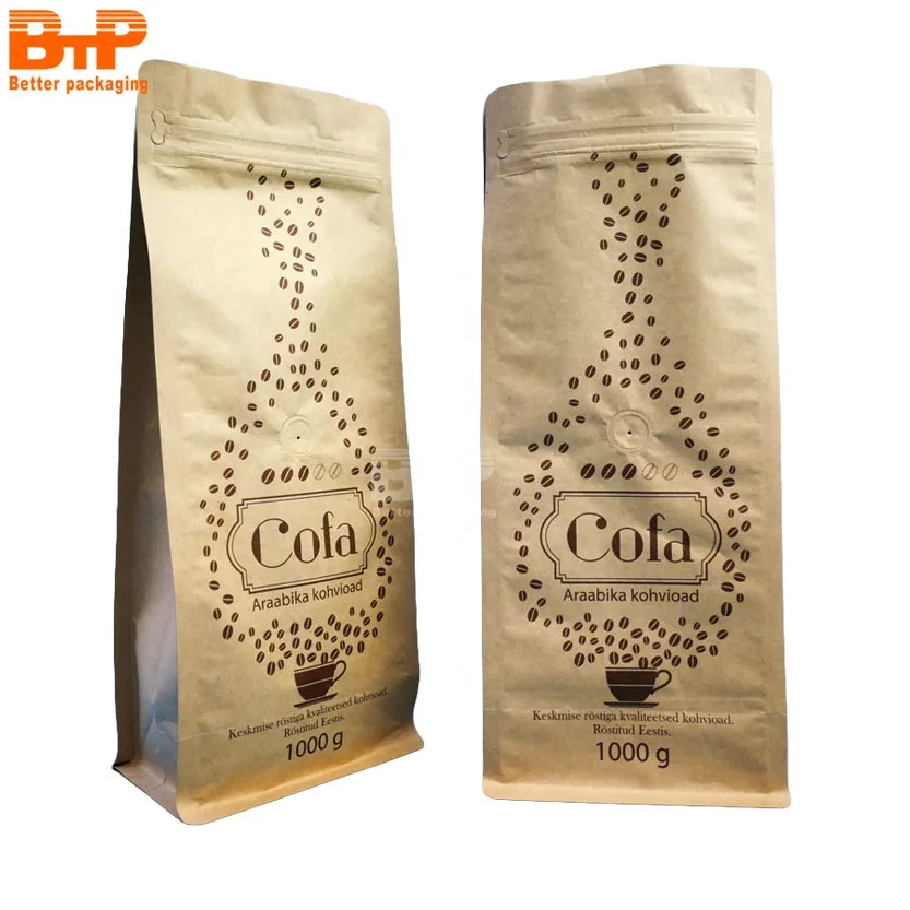 1KG Custom Heat Seal Aluminum Foil Lined Kraft Paper Side Gusset Coffee Bean Packaging Bag with Aroma Valve and Zipper China Fac