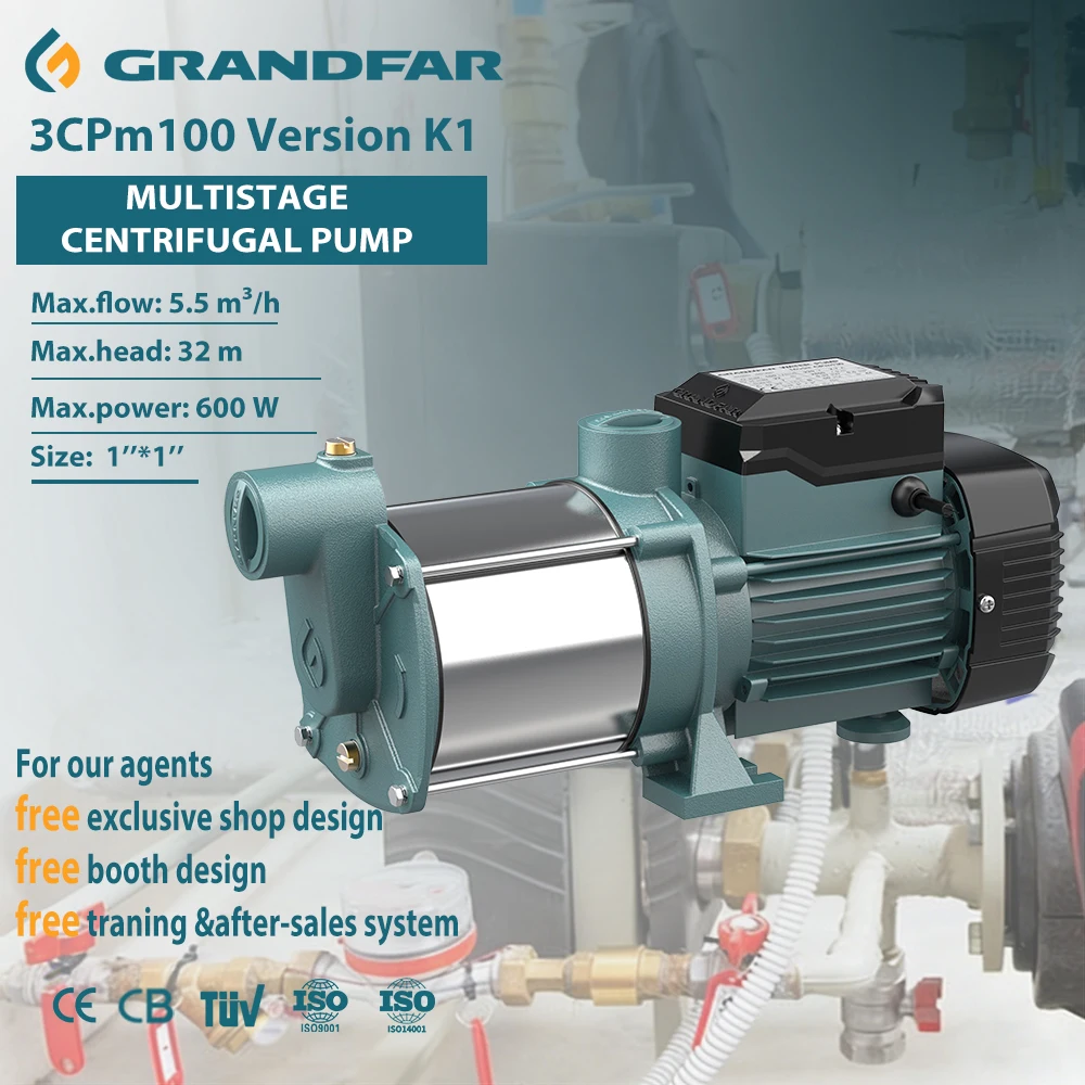 Grandfar prilagodljiv 600W 0,8HP Nehrđajući čelik Bakrena žica Motor Mehanički pečat OEM Multistage Electric Jet Pump