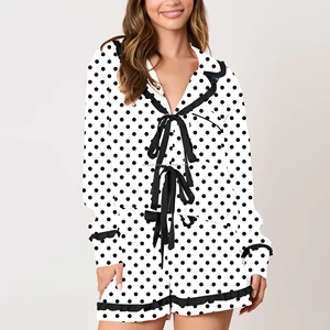White Polka Dot Pajama Set Long Sleeve Collar Shirt Shorts Bow Tie Sleepwear Women