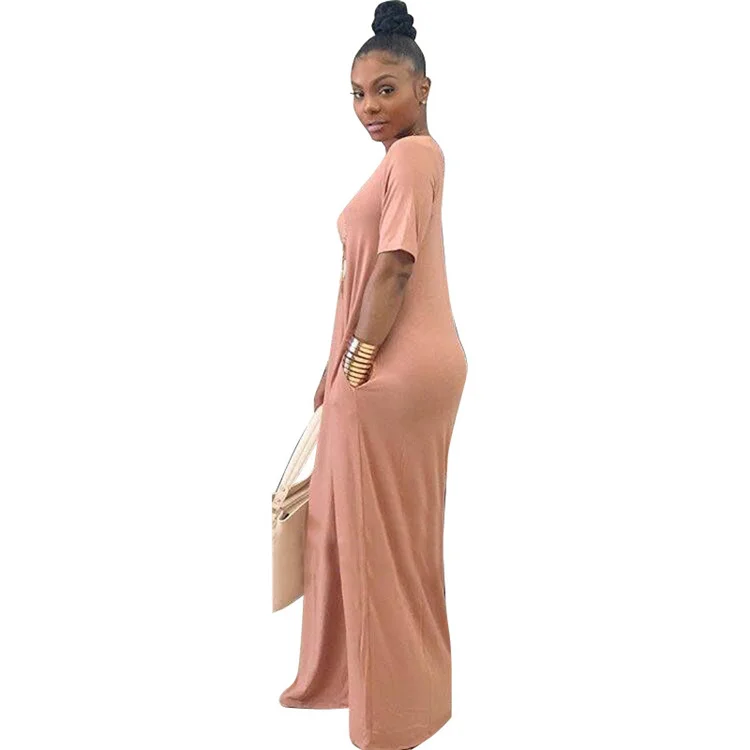 Free Sample Drop Shipping Sexy Fashion Solid Color V Neck Woman Solid Casual Loose Long Maxi Dress