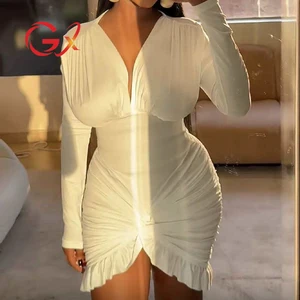 GX25748 Fashion Autumn Clothing Vendor Women Street Wear Long Sleeve Sexy Ruffled Pleated Dresses Deep V-Neck Elegant Mini Dress