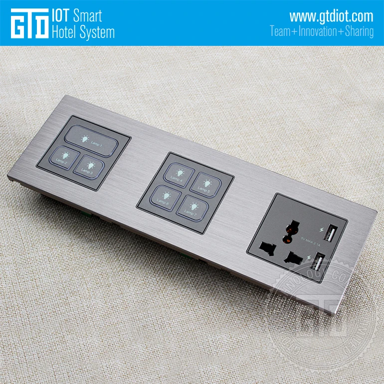 220V AC RS485 Reset Push Button  Gray Color Aluminum Brushed Material 3 Connected Panels Light Control Switch