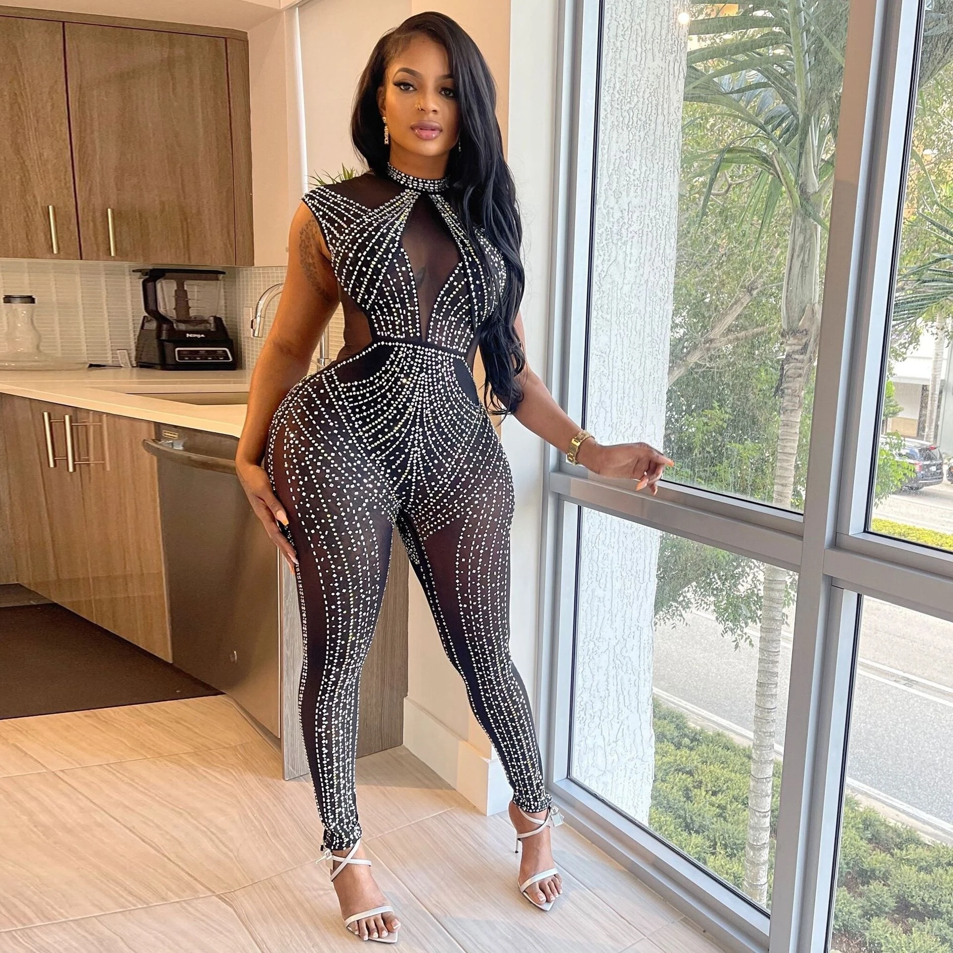 ZHEZHE Wholesale Spring Sexy Bodycon Jumpsuits Outfits Diamond See Through Sleeveless Mesh Bodysuit Crystal Jumpsuit Women