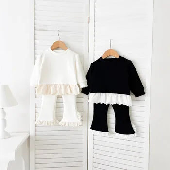 Girls' Korean Style Two-Piece Set Autumn and Winter Outfit O-Neck Fleece-Lined Base Shirt Pants Infant Thickened Clothing