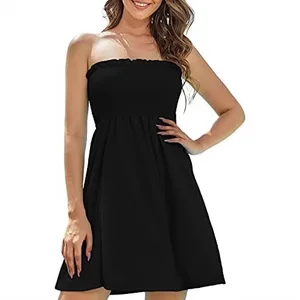 European American Summer Casual Mini Beach Blouse Satin Strapless Short Dress Anti-Static Front Logo Candy Color Solid Natural