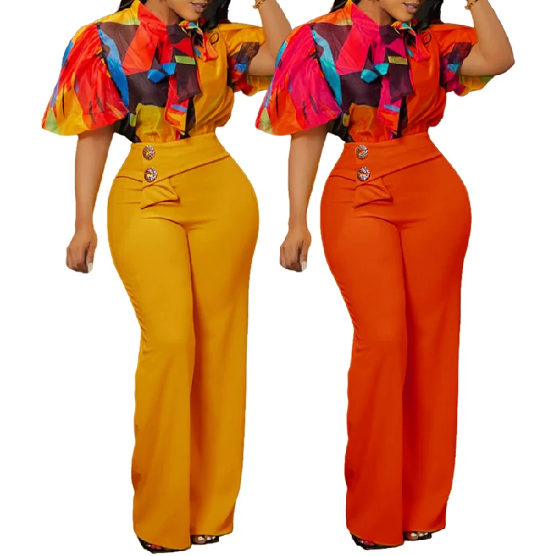 D341 Latest Design Two Piece Set Women Clothing Floral Print Summer Outfits  Women Lantern Sleeve Blouse and Wide Leg Pants Set