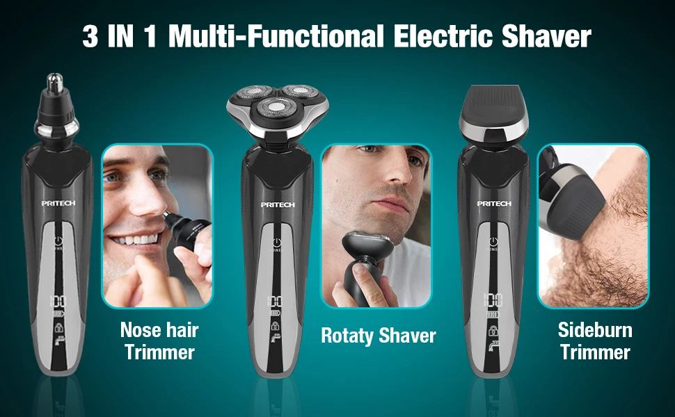 Pritech Usb Rotary Rechargeable Electric Shaver Waterproof Triple Blade