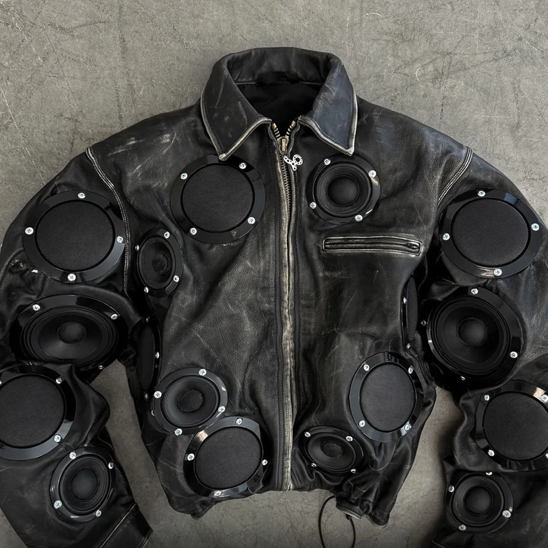 Personalizowane męskie vintage’owe skórzane kurtki w stylu motocyklistycznym z poliuretanu, z kołnierzem i sznurkiem do zapięcia, modne krótkie płaszcze z dekoracyjnymi elementami w stylu głośników oraz wyposażeniem OEM