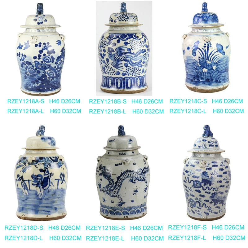 RZEY12 Series Antique Traditional Hand Painted Blue and White Dragon Ceramic Floor Vase with Lion Knob