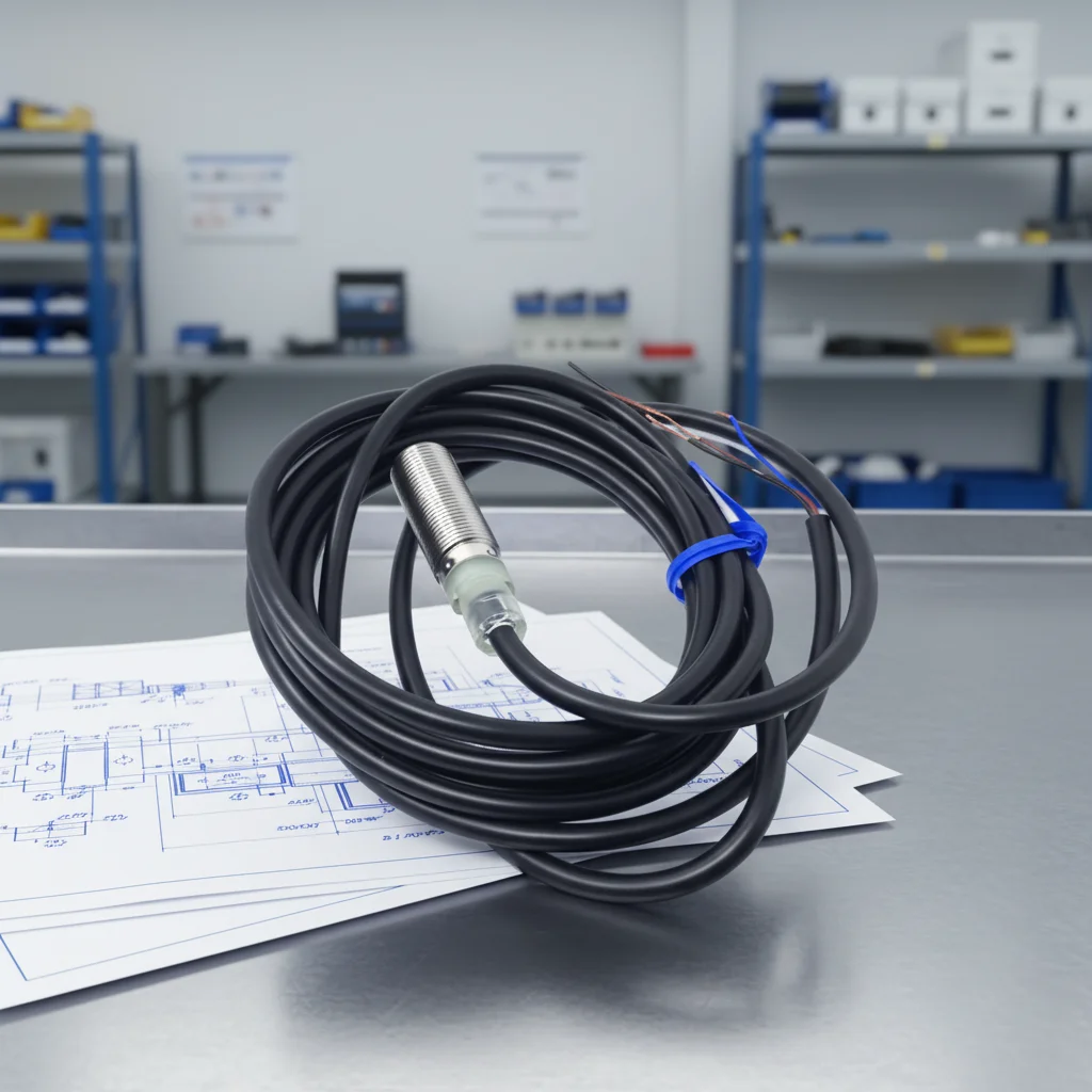 New Original Omron E2E series proximity sensor. M30 cylindrical housing, 18mm sensing distance, NPN output, M12 connector, 12-24V DC supply, IP67 protection. Used for position detection in industrial automation, with stable performance, compact design, su