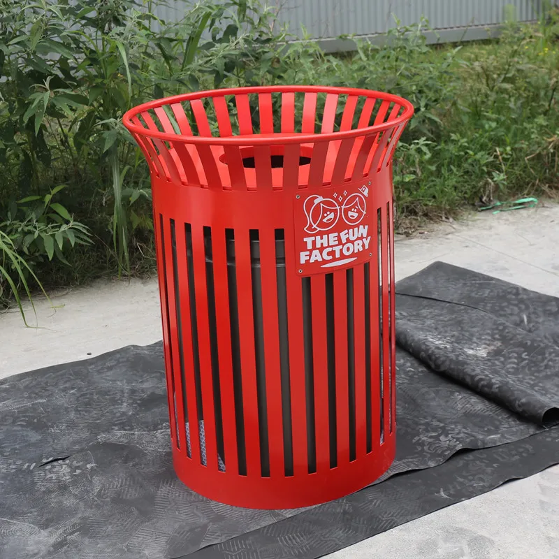 Outdoor Round Metal Trash Container Garbage Can Outside Garden Street 32 Gallon Recycle Waste Bin Patio Commercial Steel Dustbin