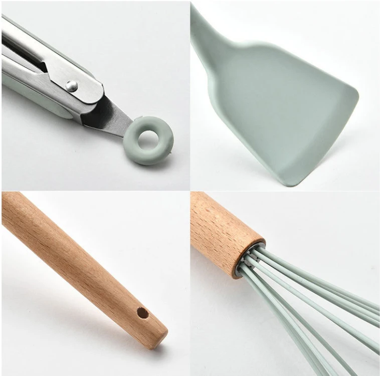 Silicone Kitchen Utensils Set - 11 Pcs BPA Free Cookware with Wooden Handle and Holder