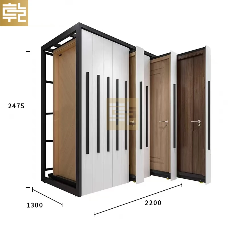 High Quality Multi-Function Stylish Floor Model Sliding Metal Wooden Door Display Rack Stand for Showcase Shop Store Exhibition