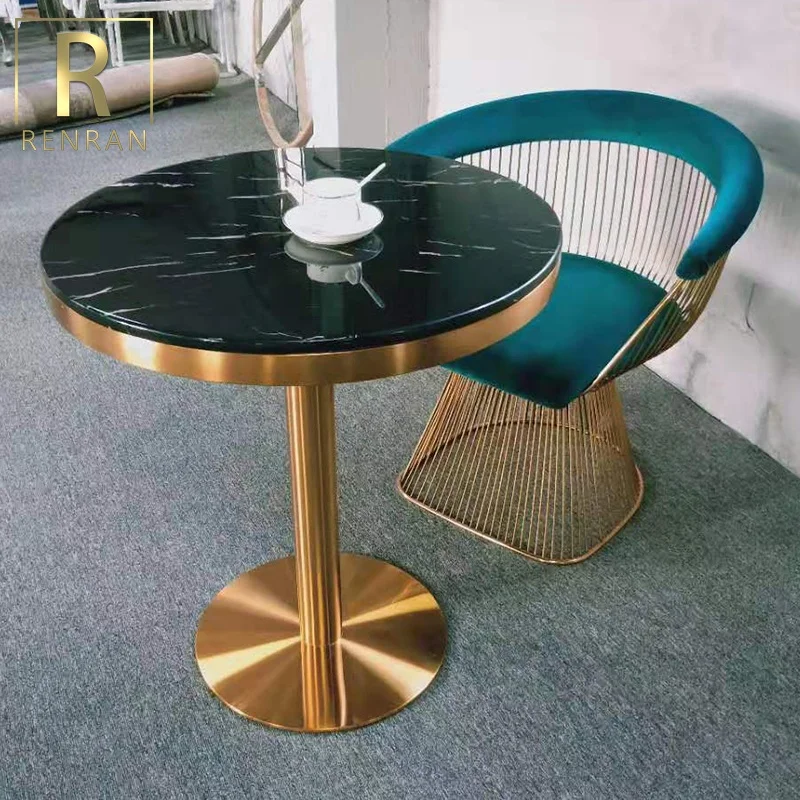 Popular Luxury Modern Marble Top Brass Gold Stainless Steel Base Round Cafe Dining