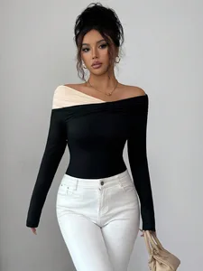 Women's Fashion Clothing New Women's Knit Top Color-block Crewneck Ruffled Ladies T-shirt Winter Clothing