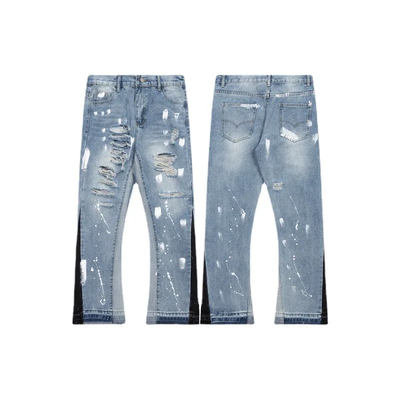 Custom Flare Slim-fit Distressed Jeans Fashion Patchwork Denim Jeans Men's Wide Leg Pants