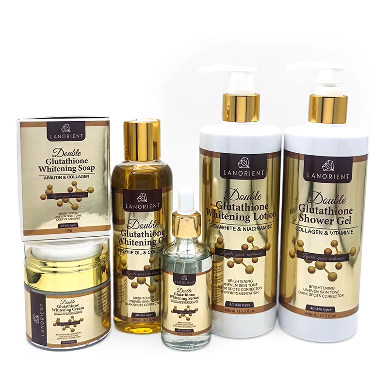 glutathione whitening soap and lotion Private Label Skin Care Set Double-Glutathione Serum Dark Spot Face Cream Black Skin Bleaching Body Private Label Skin Care Set