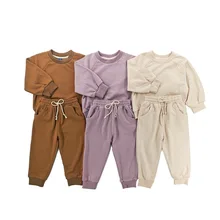 Custom Logo cotton french terry sweatsuit child set long sleeve jumper and jogger pants 2pcs tracksuit kids clothing