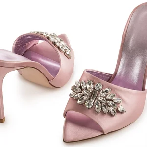 Women Hot Sale Shiny Rhinestone Slip on Stilettos Mules Luxury Elegant High Heels Ladies Jeweled Party Evening Shoes