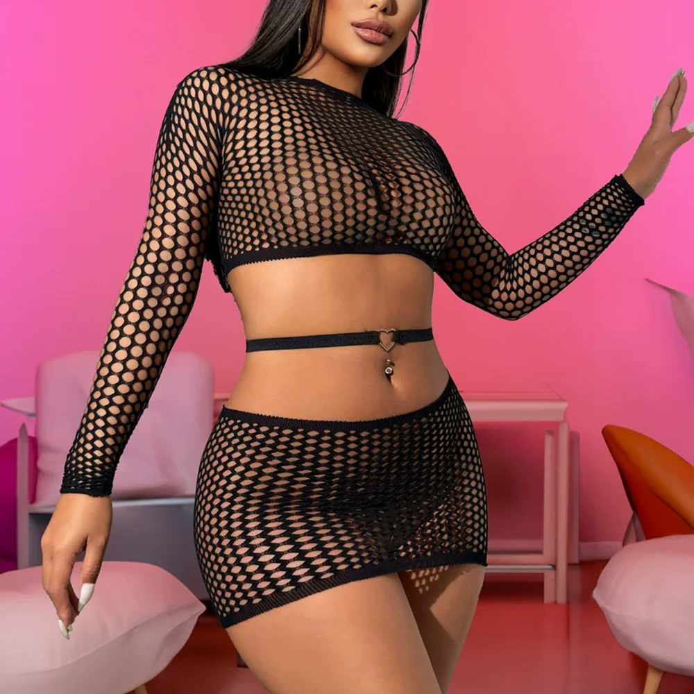 sexy fishnet clothes Black V Neck Fishnet Long Sleeve Maxi Dress