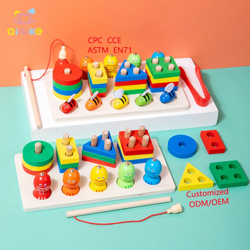 Early Education Wooden Toys Geometric Shape Building Blocks Kids Fishing Clip Bee Montessori Toys with Four Sets Columns