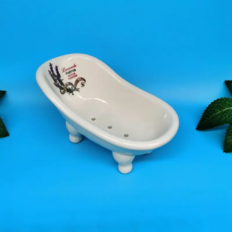 Embossed Ceramic Mini Bathtub Shaped Soap Dish Shower Bathroom Kitchen