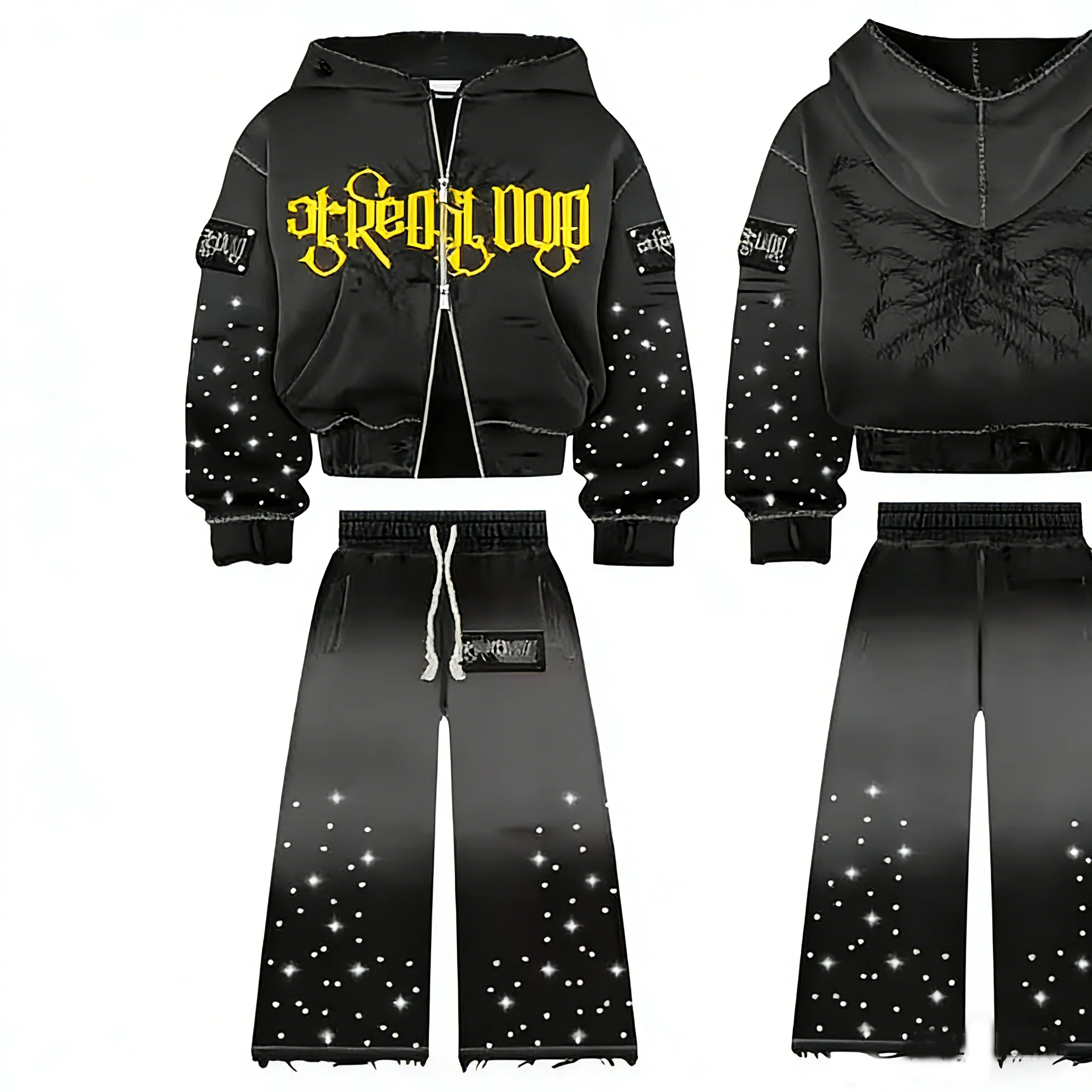SALATI Custom Rhinestone Hoodie Men Oversized Cropped Acid Wash Zip up Distressed Vintage Sweatpants and Hoodie Set gallery 3