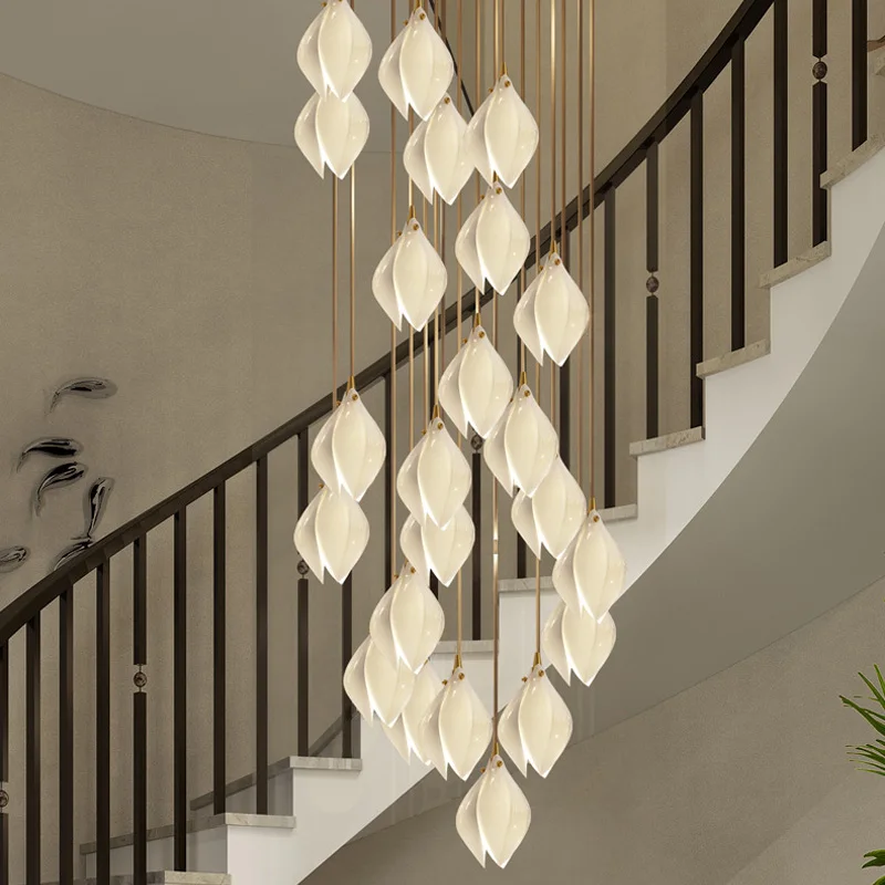 Custom Luxury Ceramics Glass Flower Leaf Long Line Chandelier Pendant Lamp for Hotel Decorative Loft Pendant Light Hanging Lamps