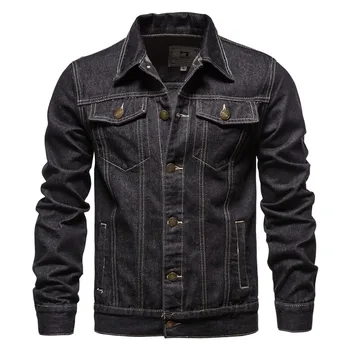 Men's Unique Style Blue Denim Jacket Embroidered Collar Patch Bomber Pilot Casual Outwear Autumn Motorcycle Jeans Coat Washed