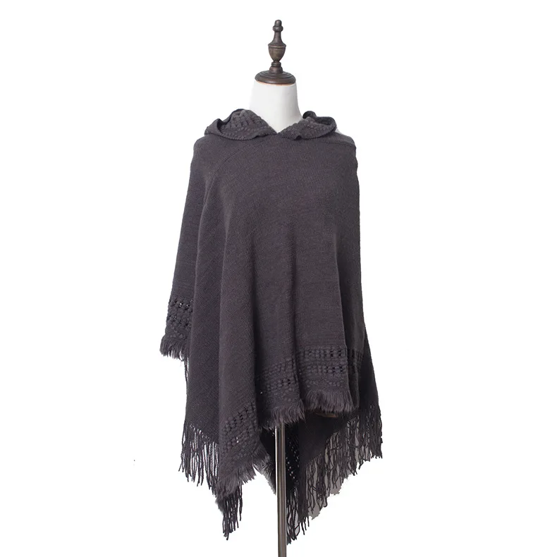oversized fashion knit tassels cloak capes phocho sweater  scarf Knitted hooded cape shawl