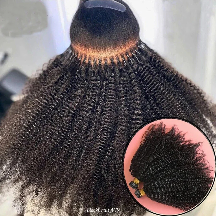 Extensii de păr uman creț, cu vârf I, tip I, cu fir pre-lipit Microlink Mongolian Remy Hair_voghion.com
