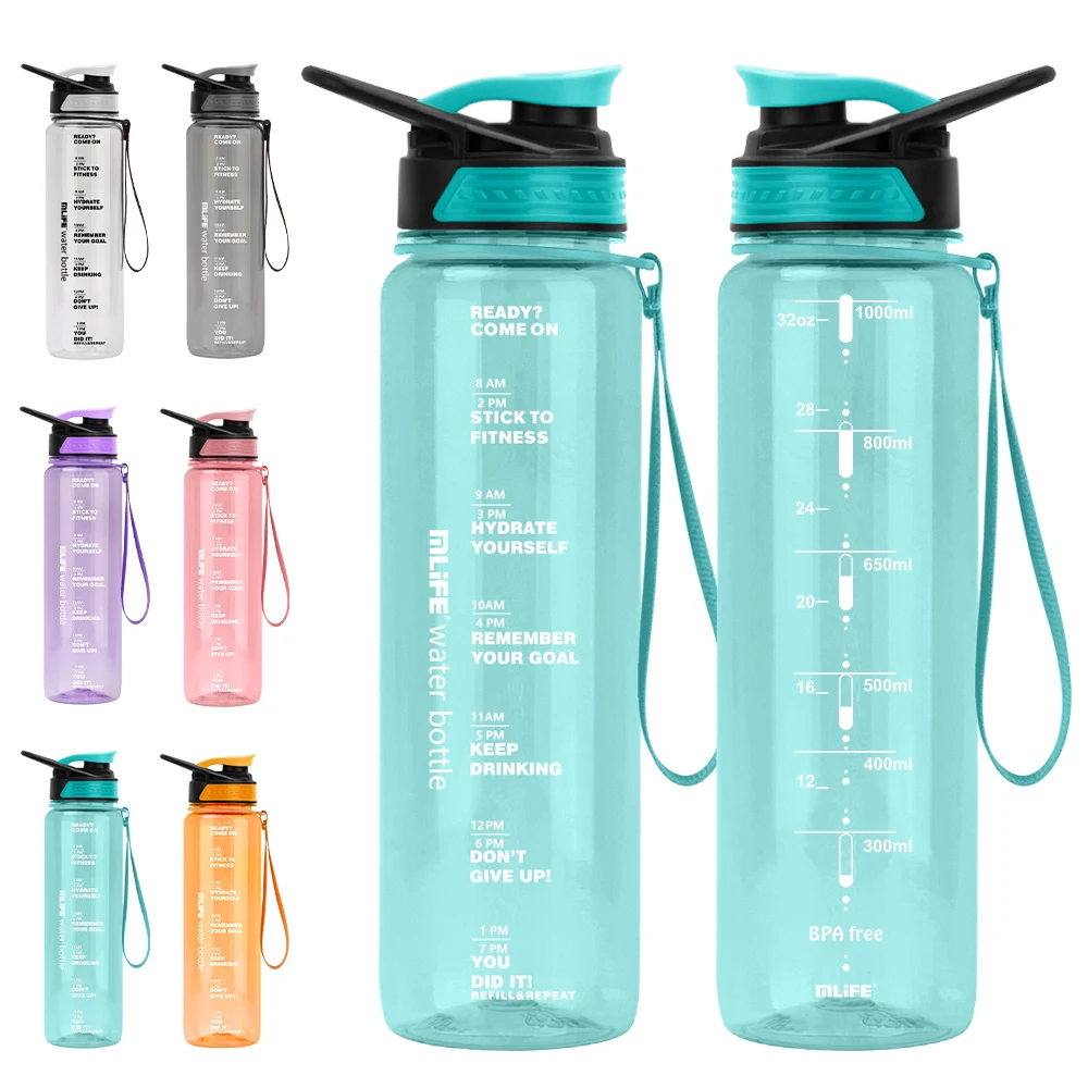 Premium Quality 1000ml Custom Logo BPA-Free Plastic Tritan Gym Water Bottles with Time Marker for Gym Sports Outdoor Activities