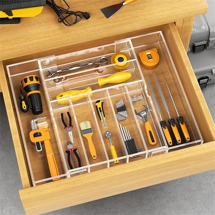 Expandable Kitchen Drawer Organizer for Flatware and Utensils,Clear Acrylic Adjustable Silverware Tray for Drawer,Office