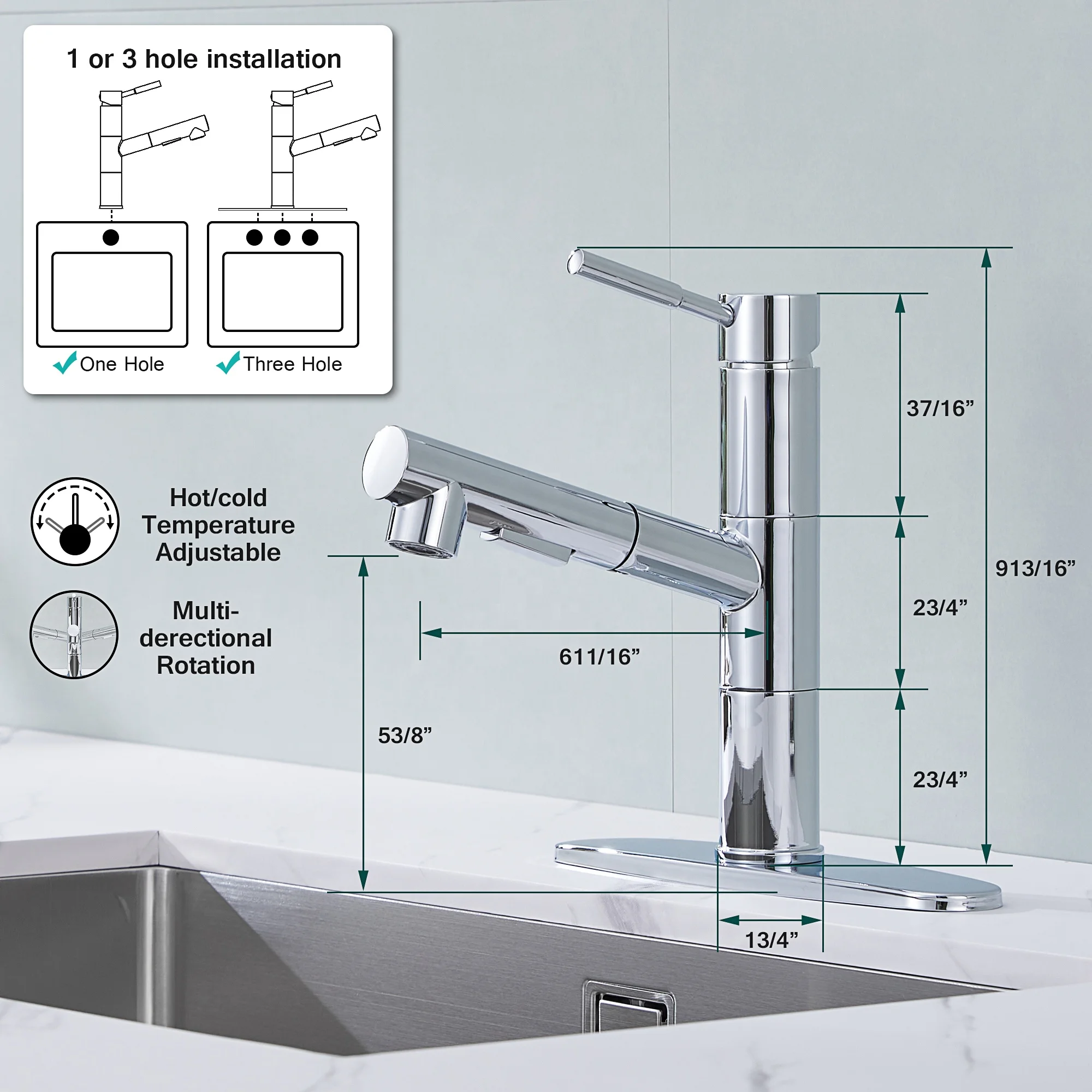 Modern Design Brushed Chrome Stainless Steel 1-Handle Kitchen Faucet Deck Mounted Pull-Out Spray Ceramic Valve Stretchable Bar