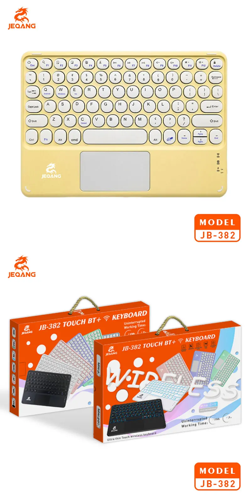 Jeqang JB-382 Ultra-Thin Optical Wireless for Mini Keyboard with USB-C Charging Touchpad New Plastic for PC/Laptop Use