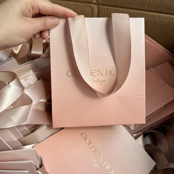 Custom Your Own Logo Print Fashion Luxury Cosmetics Makeup Packaging Shopping Paper Bags Gold Foil Paper Bag With Handle