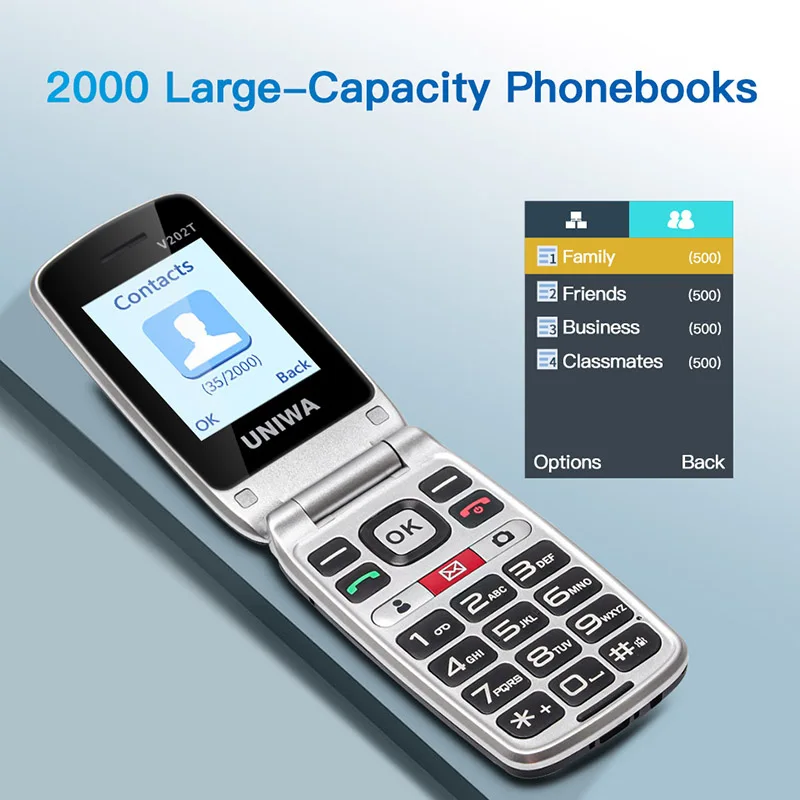 UNIWA V202T Double Screen 4G Volte Flip Keypad Mobile Phone with SOS Button for Seniors