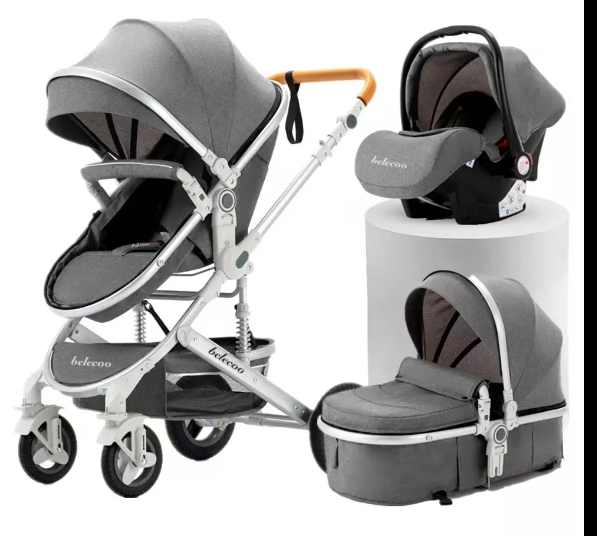 Luxury 3 in 1 Baby Pushchair Stroller with Linen Car Seat High Landscape Lightweight Foldable Pram