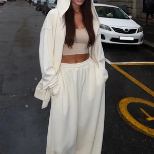 High Quality New Activewear Sport Outfit Women Zipper Hoodies and Sweatpants 2pcs Light Yellow Oversize Soft Cotton Set