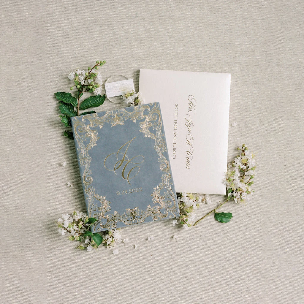 Gray Luxury Suede Invitation Mariage Card Foil Velvet Hardcover Box