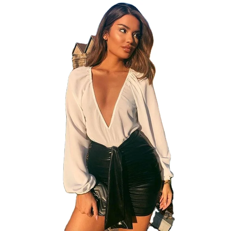B3332 Basic Chiffon Ruched Plunging Plain White Women Long Sleeve Bodysuit  - Buy Women Long Sleeve Bodysuit,Plain White Bodysuit,Plunging Bodysuit  Product on Alibaba.com
